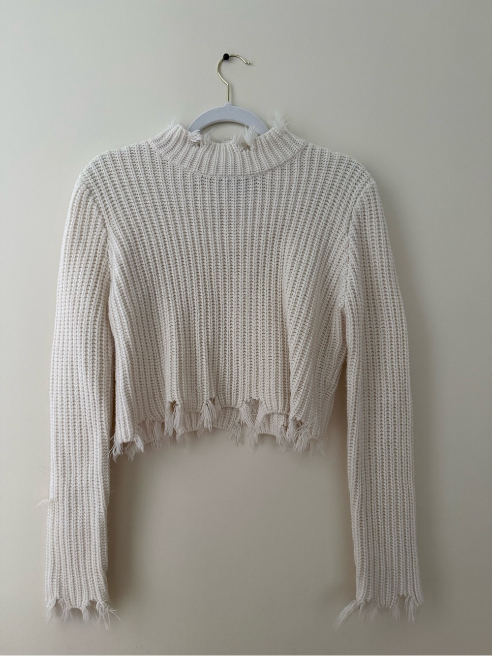 Cream Distressed Cropped Turtleneck Sweater